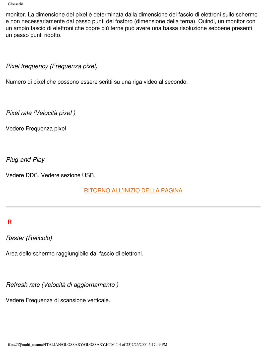 Philips 107X2 user manual Pixel frequency Frequenza pixel, Pixel rate Velocità pixel, Plug-and-Play, Raster Reticolo 