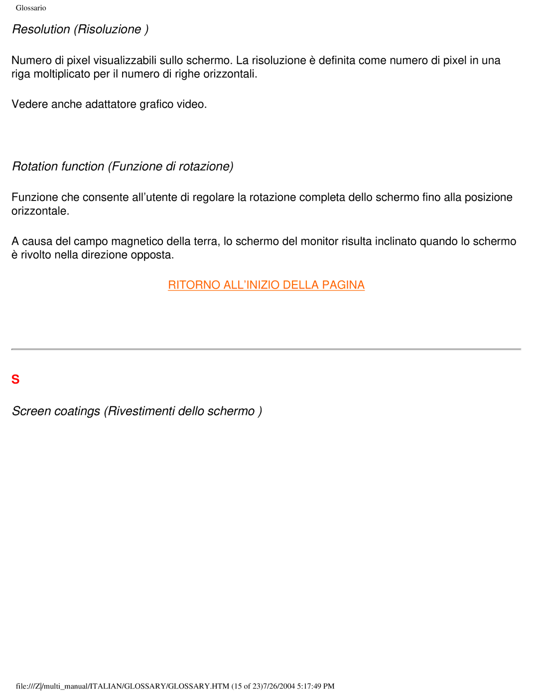 Philips 107X2 Resolution Risoluzione, Rotation function Funzione di rotazione, Screen coatings Rivestimenti dello schermo 