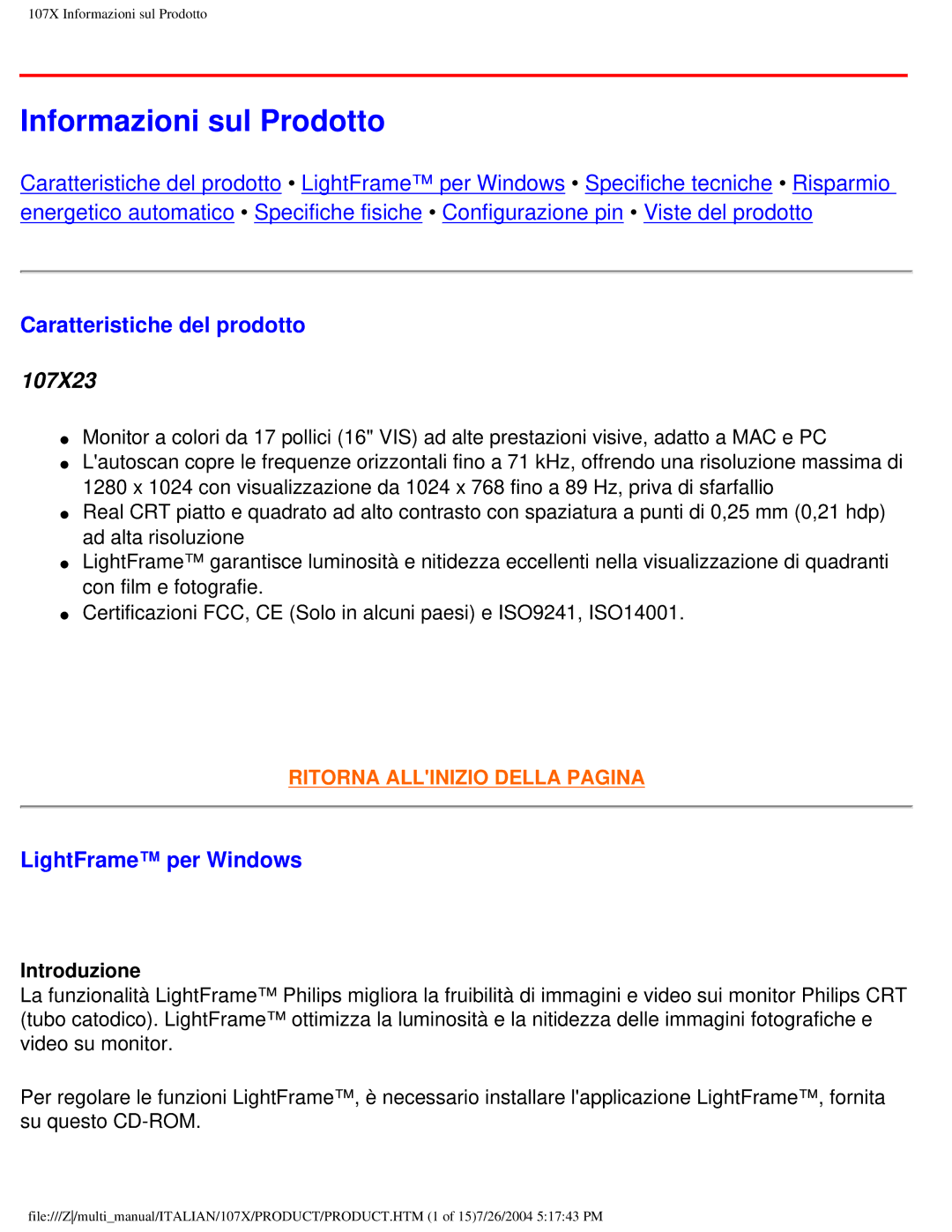 Philips 107X2 user manual Informazioni sul Prodotto, Caratteristiche del prodotto, LightFrame per Windows, Introduzione 