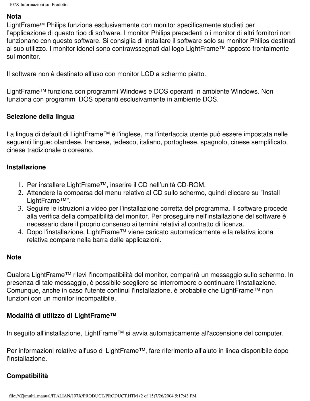 Philips 107X2 user manual Nota, Selezione della lingua, Installazione, Modalità di utilizzo di LightFrame, Compatibilità 