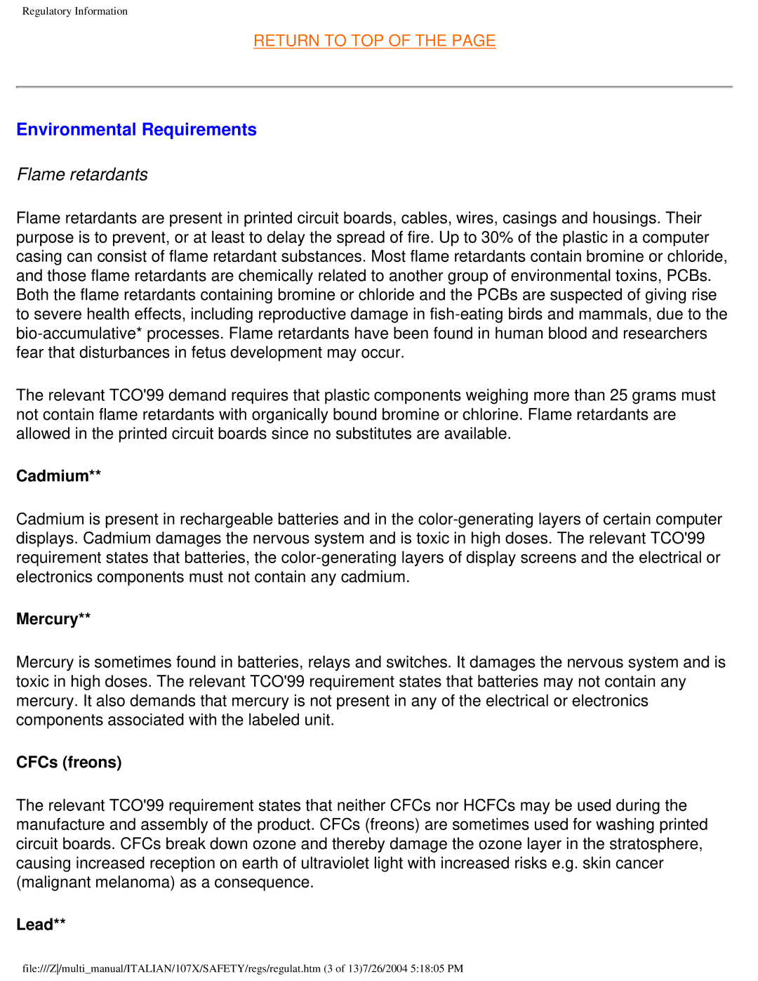 Philips 107X2 user manual Environmental Requirements, Flame retardants 