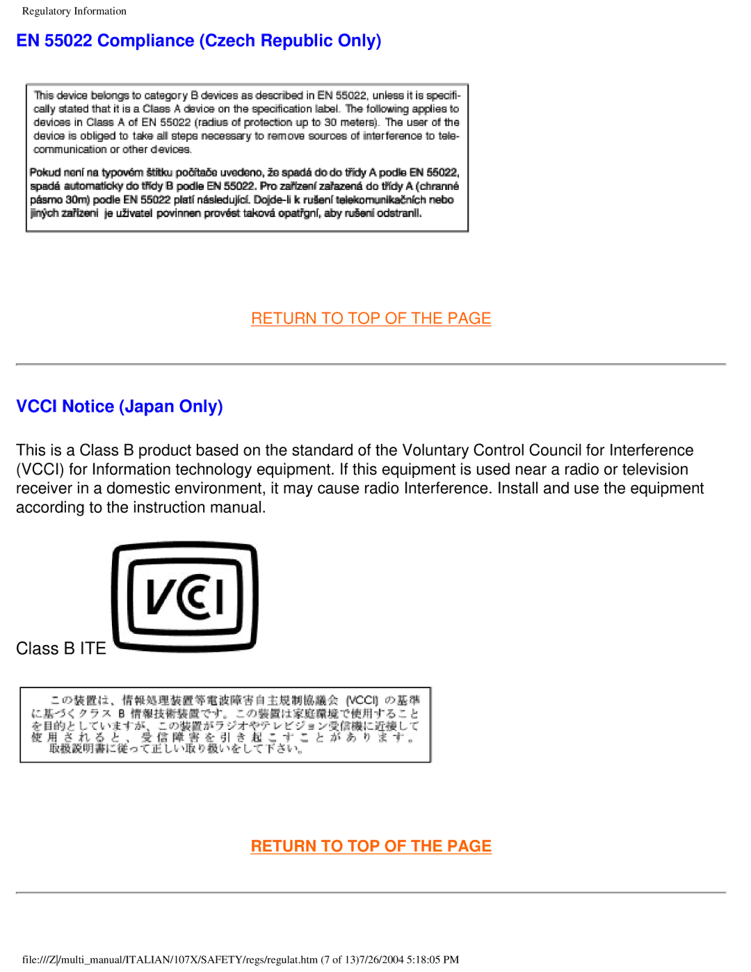 Philips 107X2 user manual EN 55022 Compliance Czech Republic Only, Vcci Notice Japan Only 