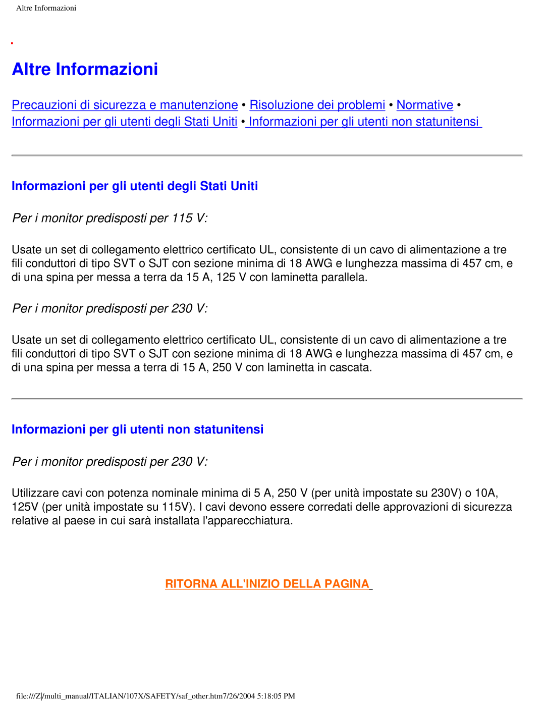 Philips 107X2 Altre Informazioni, Informazioni per gli utenti degli Stati Uniti, Per i monitor predisposti per 115 