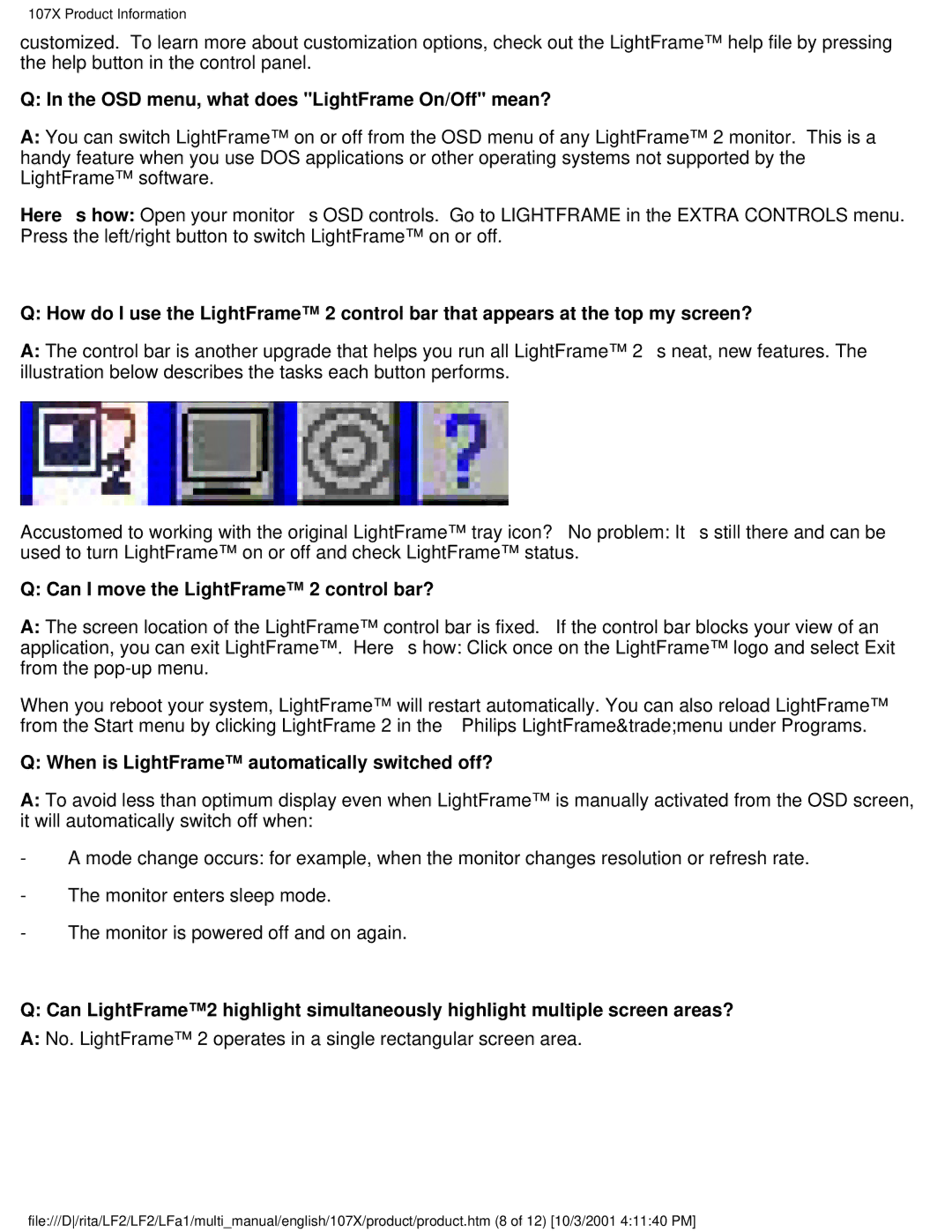 Philips 107X23 user manual OSD menu, what does LightFrame On/Off mean?, Can I move the LightFrame 2 control bar? 