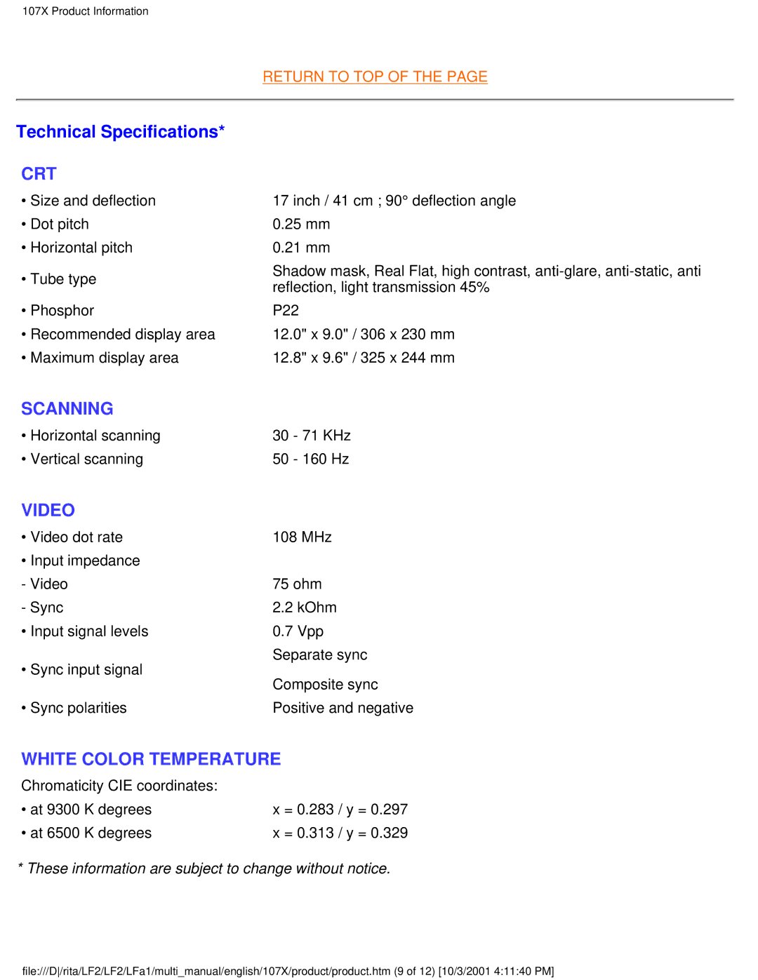 Philips 107X23 user manual Technical Specifications, Crt 