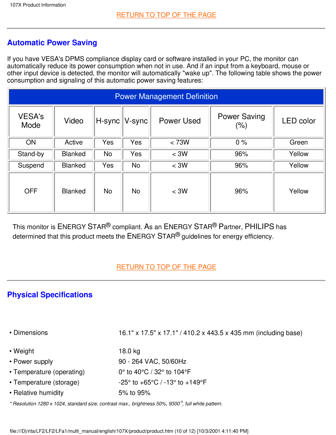 Philips 107X23 user manual Automatic Power Saving, Physical Specifications 