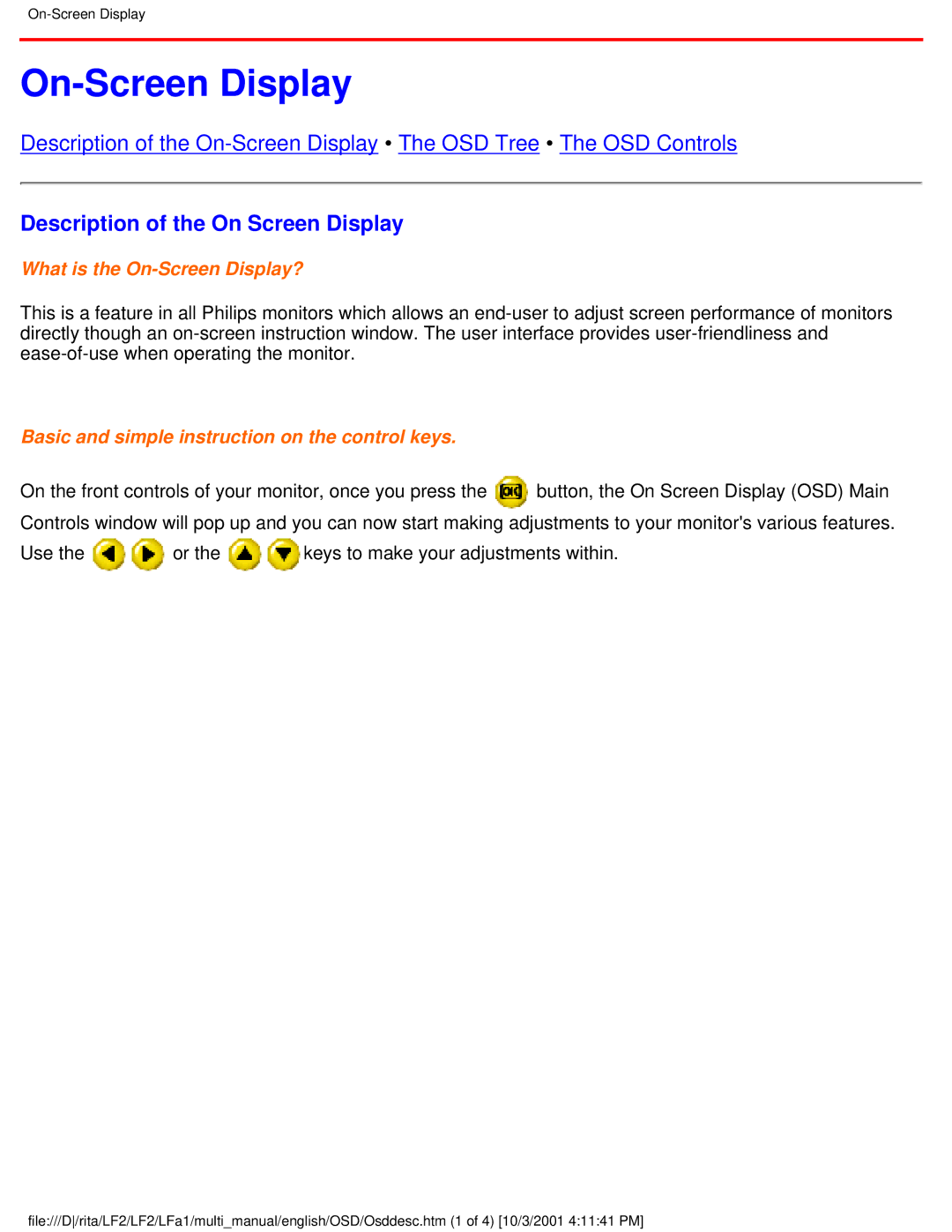 Philips 107X23 user manual On-Screen Display, Description of the On Screen Display 