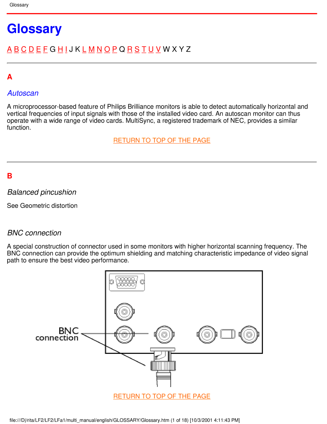 Philips 107X23 user manual Glossary, Balanced pincushion, BNC connection 