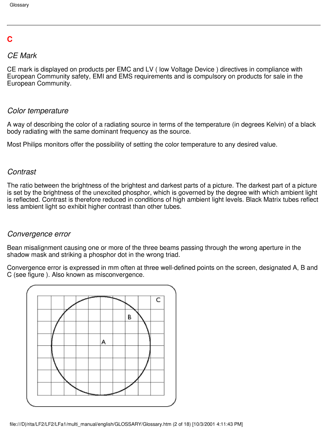 Philips 107X23 user manual CE Mark, Color temperature, Contrast, Convergence error 