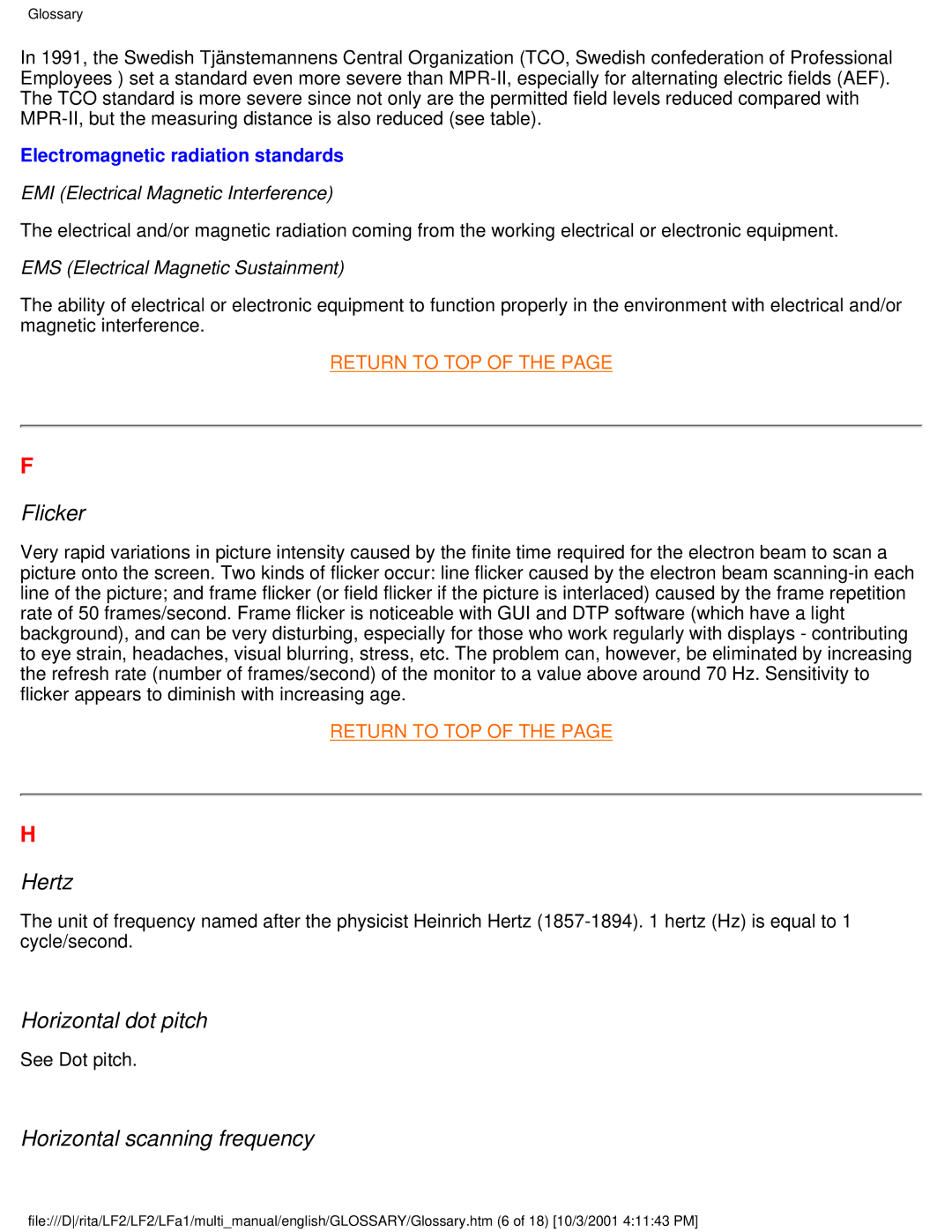 Philips 107X23 user manual Flicker, Hertz, Horizontal dot pitch, Horizontal scanning frequency 