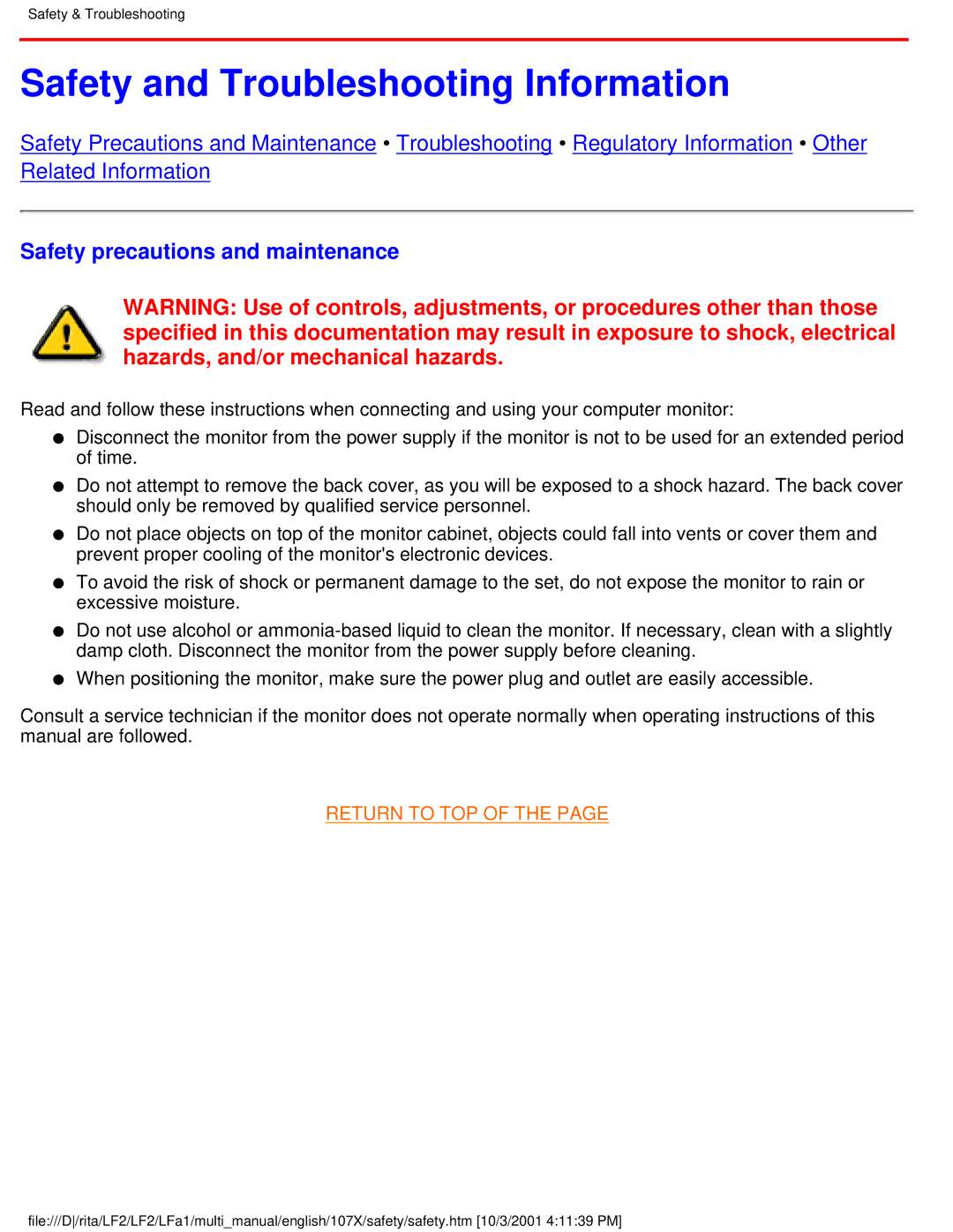 Philips 107X23 user manual Safety and Troubleshooting Information, Safety precautions and maintenance 