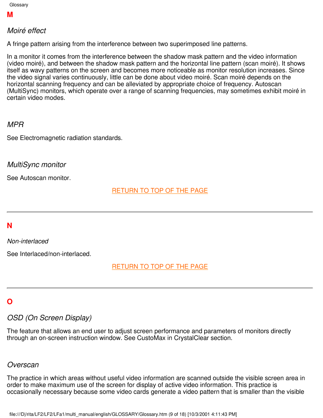 Philips 107X23 user manual Moiré effect, MultiSync monitor, OSD On Screen Display, Overscan 