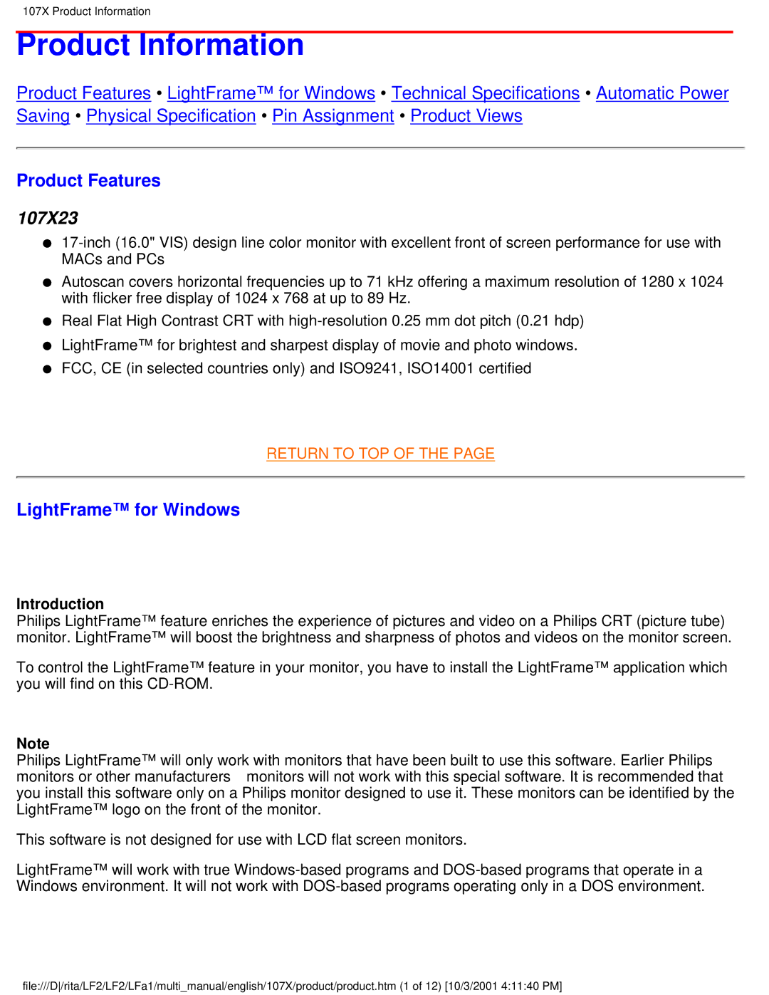 Philips 107X23 user manual Product Information, Product Features, LightFrame for Windows, Introduction 