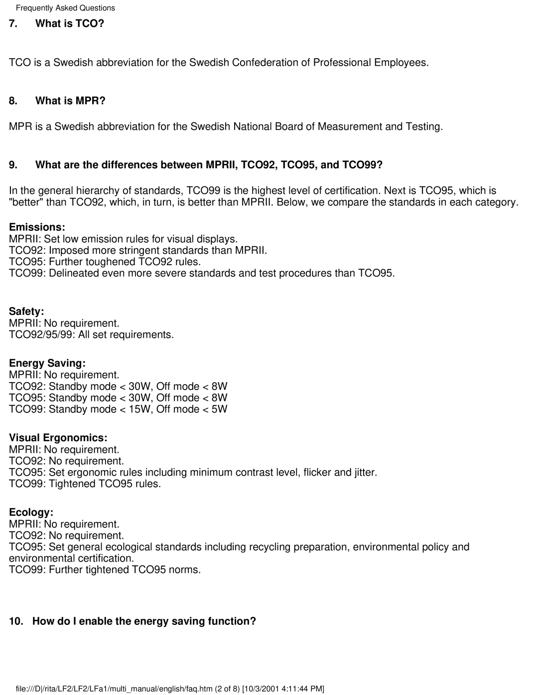 Philips 107X23 user manual What is TCO?, What is MPR?, Emissions, Safety, Energy Saving, Visual Ergonomics, Ecology 