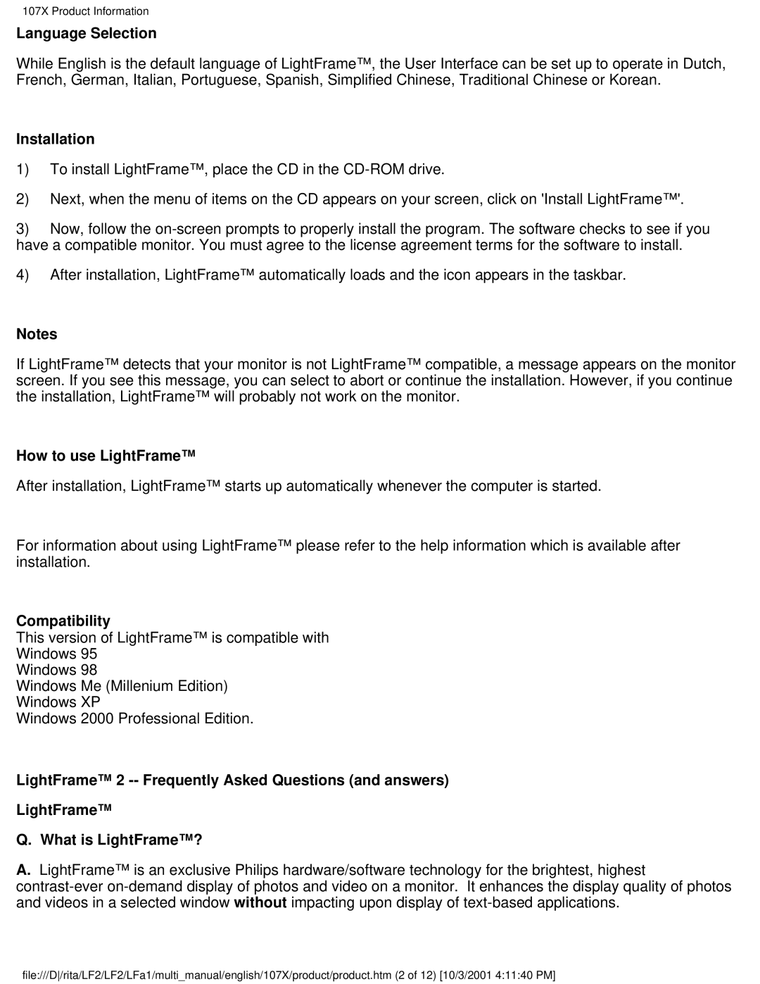 Philips 107X23 user manual Language Selection, Installation, How to use LightFrame, Compatibility 