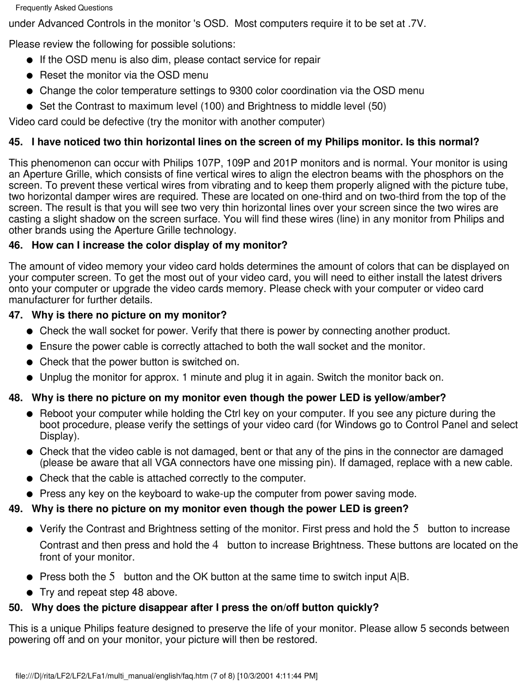 Philips 107X23 user manual How can I increase the color display of my monitor?, Why is there no picture on my monitor? 