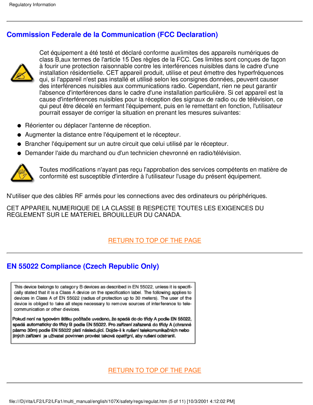 Philips 107X23 user manual Commission Federale de la Communication FCC Declaration, EN 55022 Compliance Czech Republic Only 