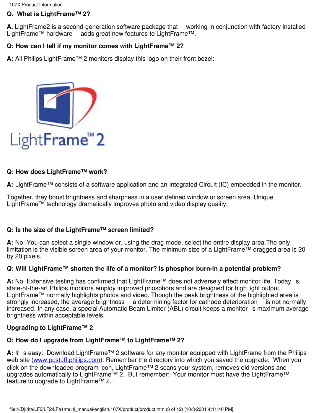 Philips 107X23 What is LightFrame 2?, How can I tell if my monitor comes with LightFrame 2?, How does LightFrame work? 