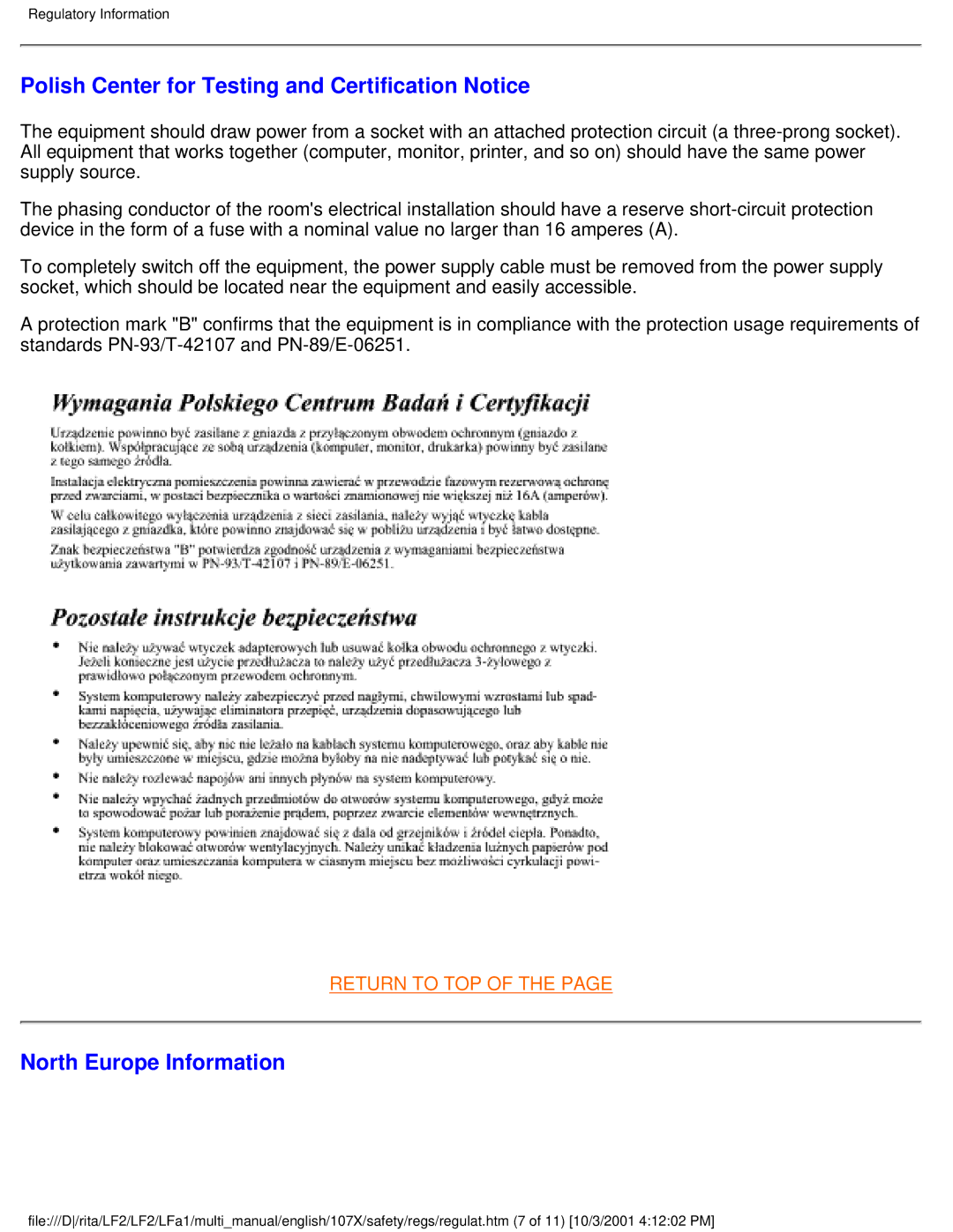 Philips 107X23 user manual Polish Center for Testing and Certification Notice, North Europe Information 