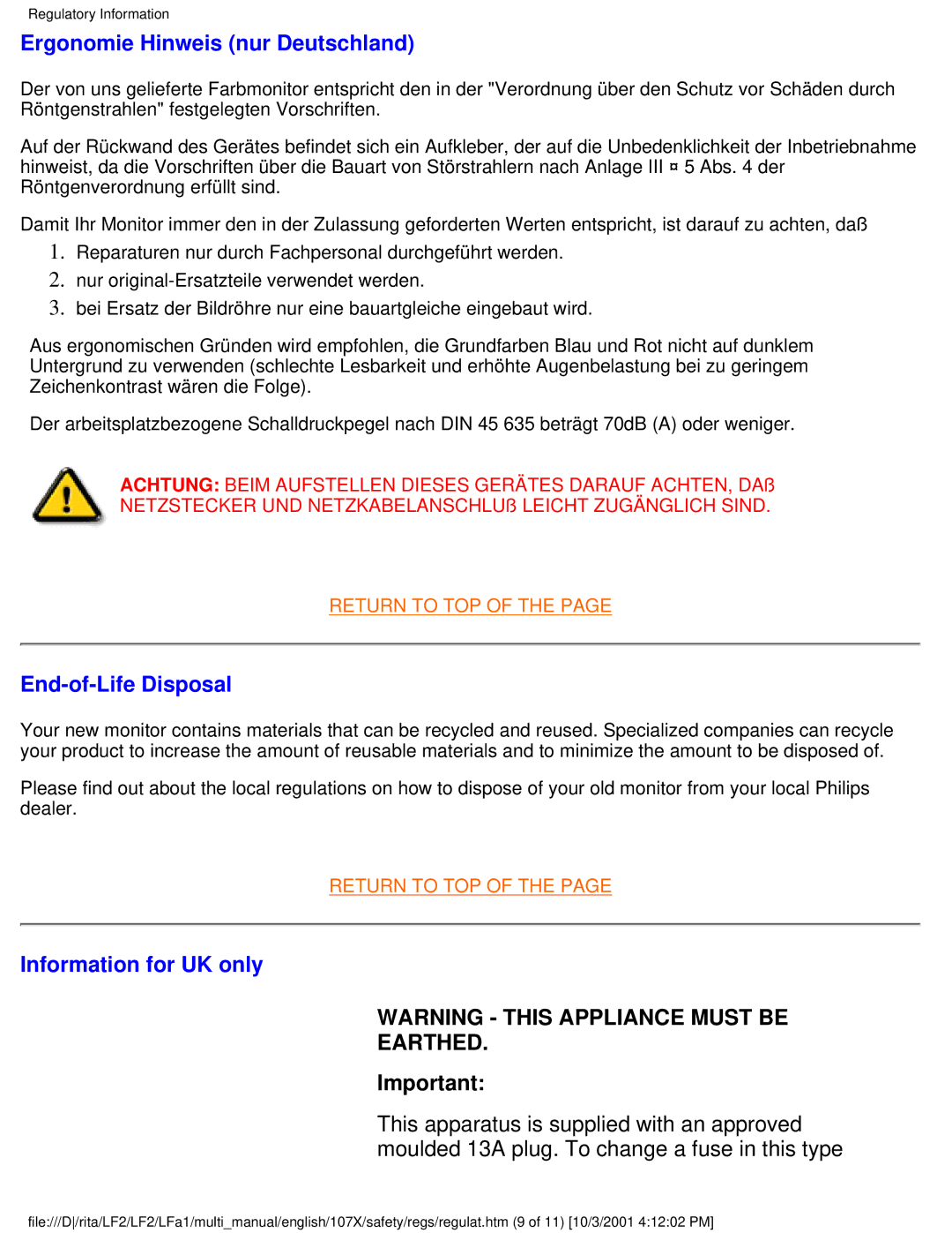 Philips 107X23 user manual Ergonomie Hinweis nur Deutschland, End-of-Life Disposal, Information for UK only, Earthed 