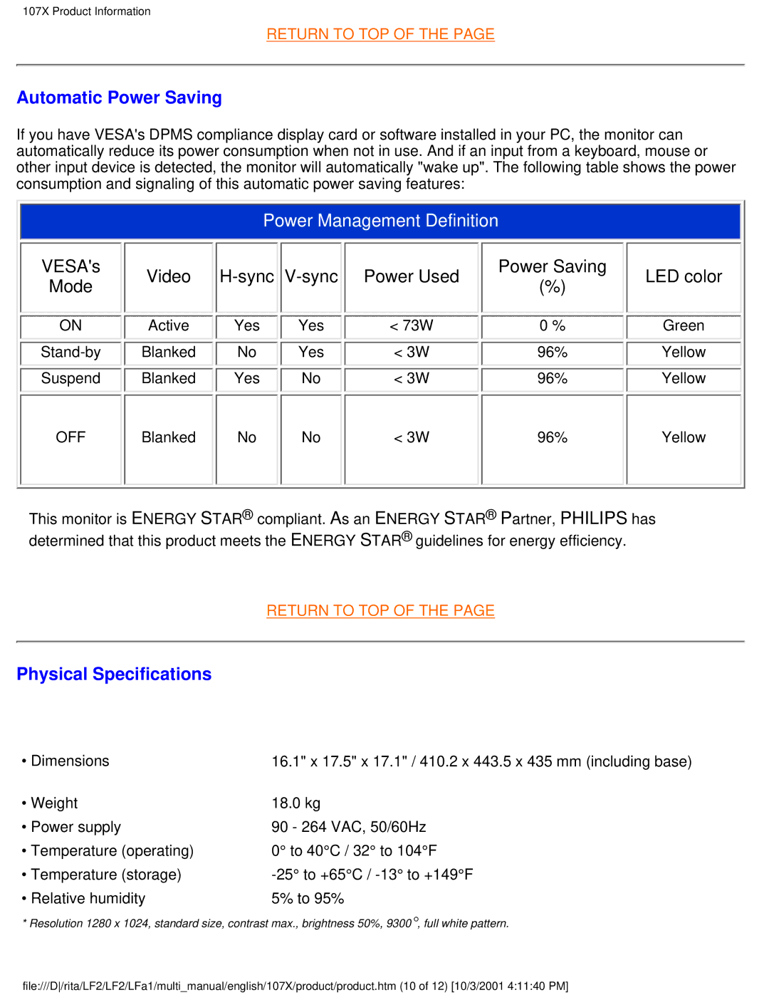 Philips 107P2x, 107X2x, 109S2x, 107T2x, 109B2x, 107S2x, 107B3x, 107B2x user manual Automatic Power Saving, Physical Specifications 