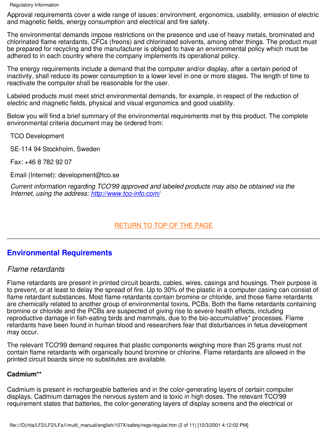 Philips 107B2x, 107X2x, 109S2x, 107T2x, 109B2x, 107S2x, 107P2x, 107B3x Environmental Requirements, Flame retardants, Cadmium 