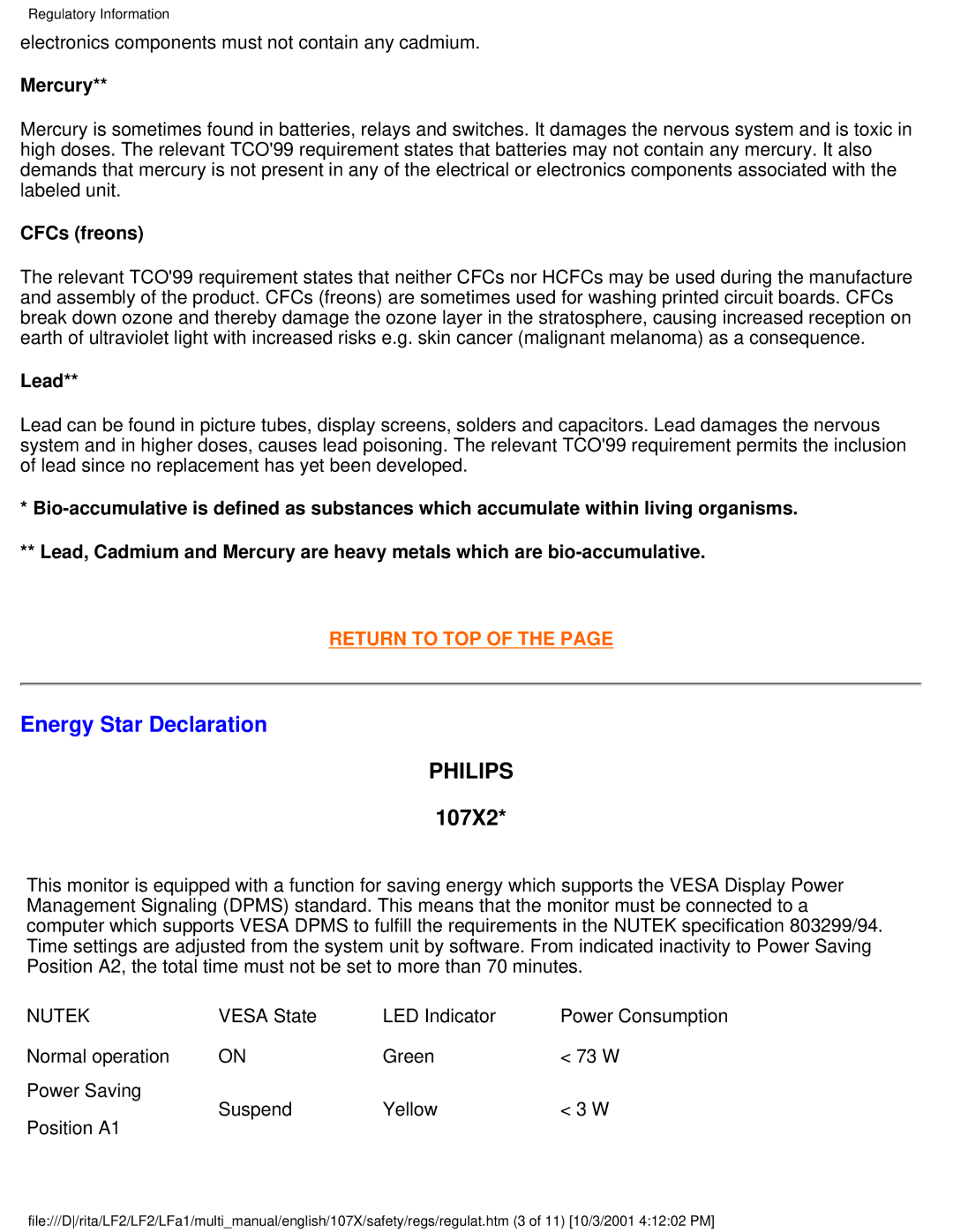 Philips 107X2x, 109S2x, 107T2x, 109B2x, 107S2x, 107P2x, 107B3x Energy Star Declaration, Philips, Mercury, CFCs freons, Lead 