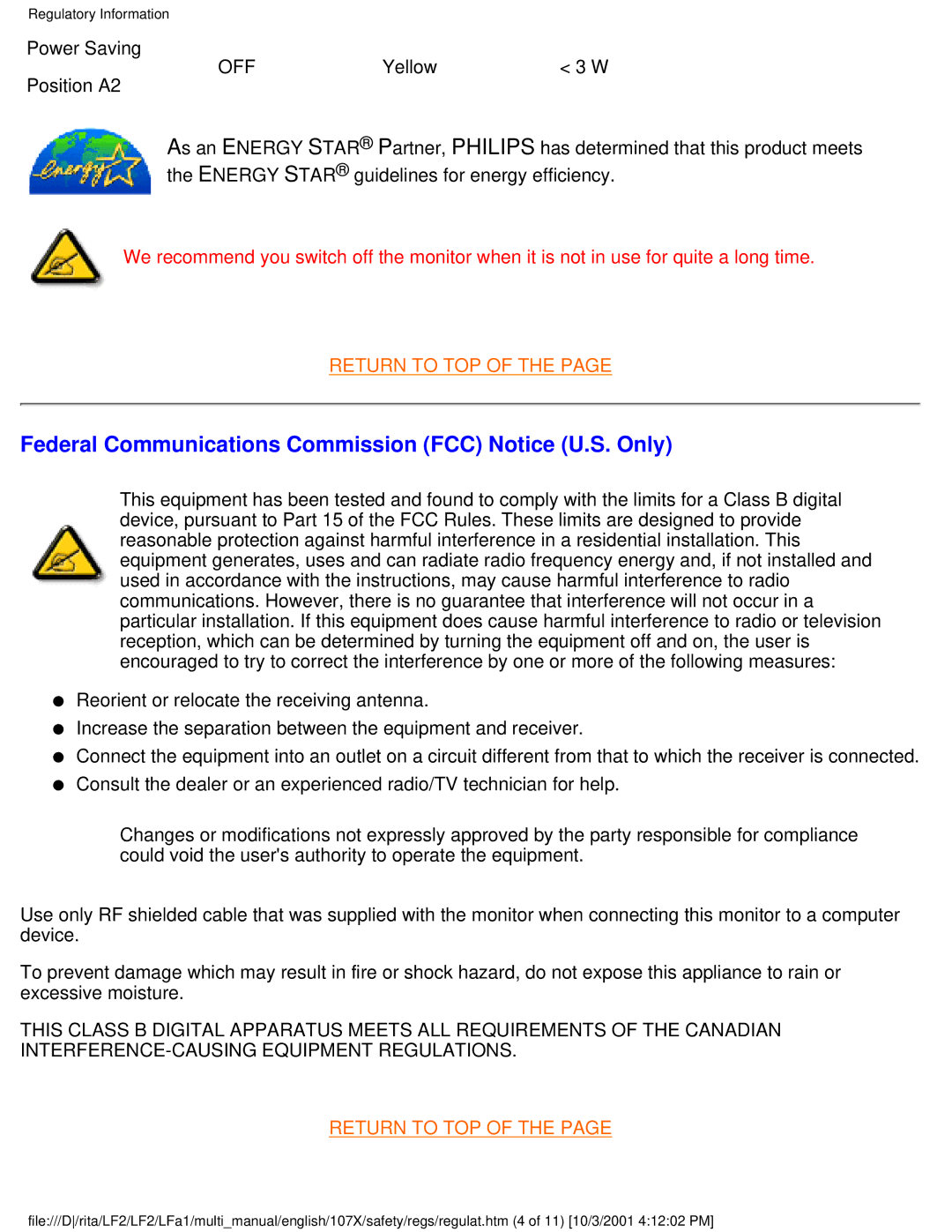 Philips 109S2x, 107X2x, 107T2x, 109B2x, 107S2x, 107P2x, 107B3x, 107B2x Federal Communications Commission FCC Notice U.S. Only 