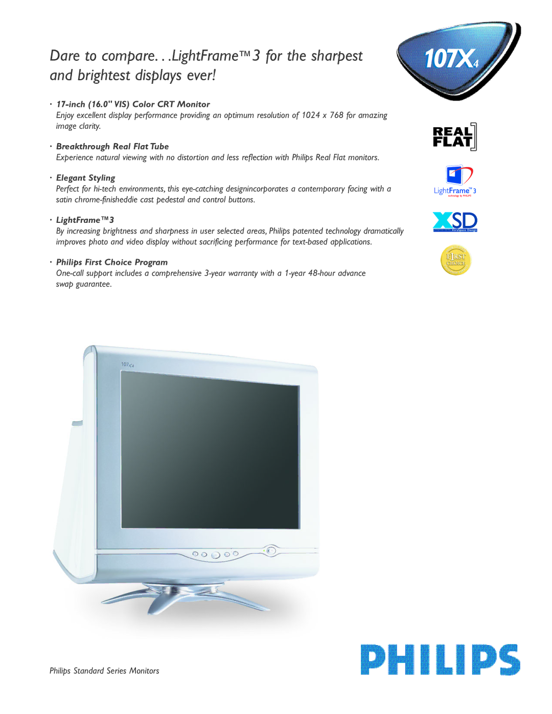 Philips 107X4 warranty · 17-inch 16.0 VIS Color CRT Monitor, · Breakthrough Real Flat Tube, · Elegant Styling 