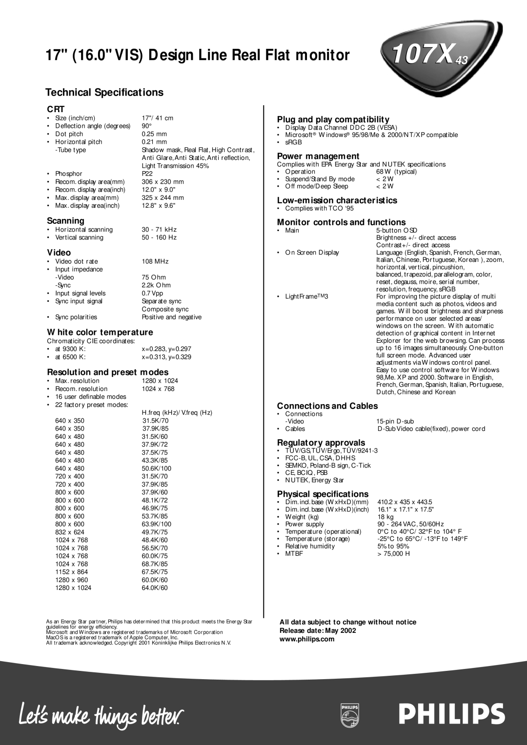 Philips 107X43 manual Scanning, Video, White color temperature, Resolution and preset modes, Plug and play compatibility 