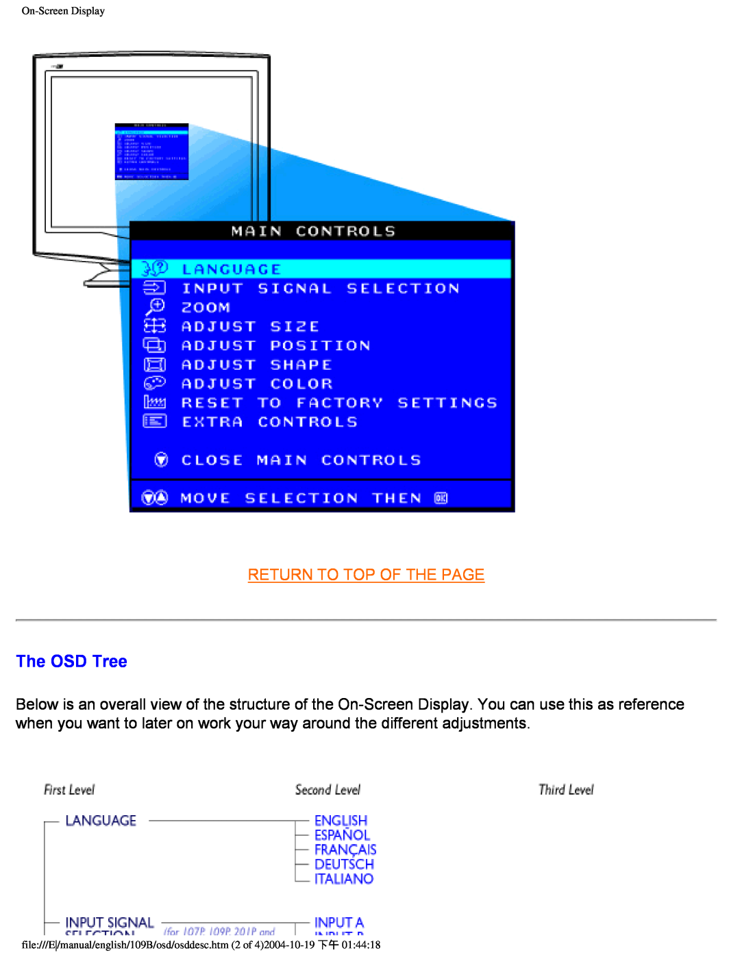 Philips 109B user manual The OSD Tree, Return To Top Of The Page, On-Screen Display 