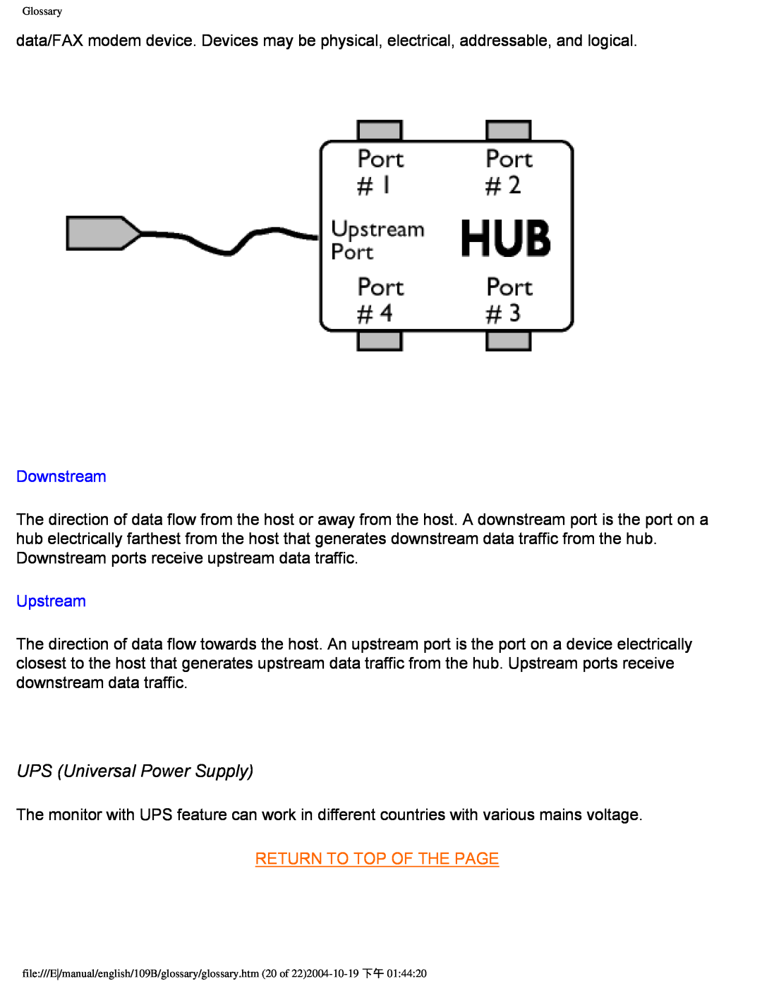 Philips 109B user manual UPS Universal Power Supply, Downstream, Upstream, Return To Top Of The Page 