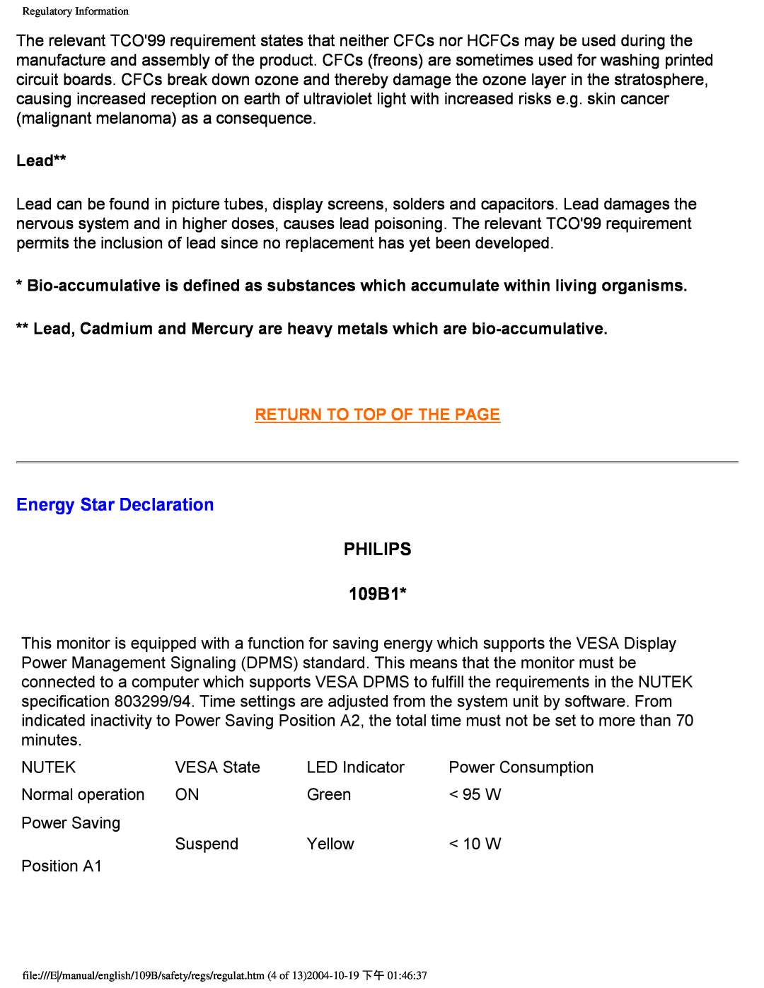Philips user manual Energy Star Declaration, PHILIPS 109B1, Lead, Return To Top Of The Page 