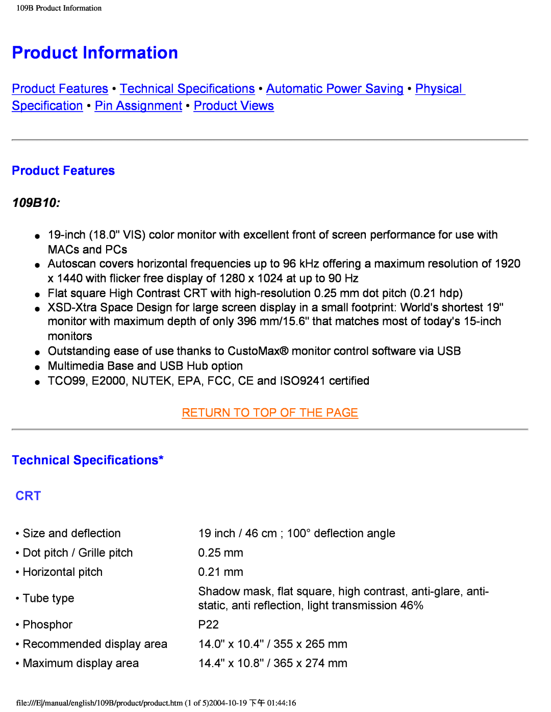 Philips user manual Product Information, Product Features, 109B10, Technical Specifications, Return To Top Of The Page 