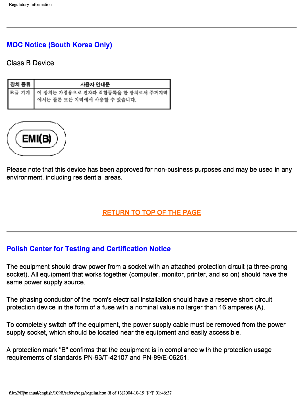 Philips 109B user manual MOC Notice South Korea Only, Polish Center for Testing and Certification Notice, Class B Device 