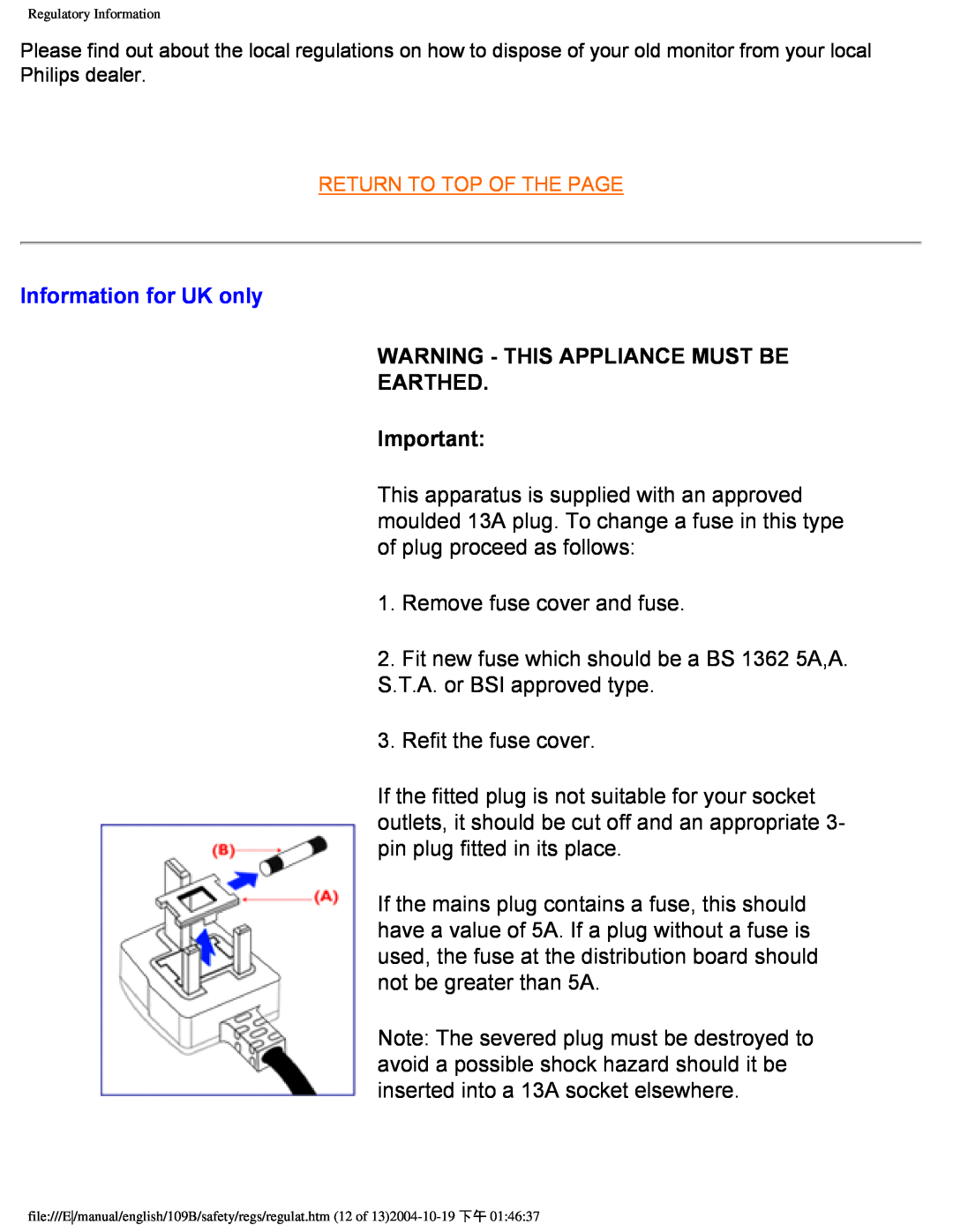Philips 109B user manual Information for UK only, Warning - This Appliance Must Be Earthed 