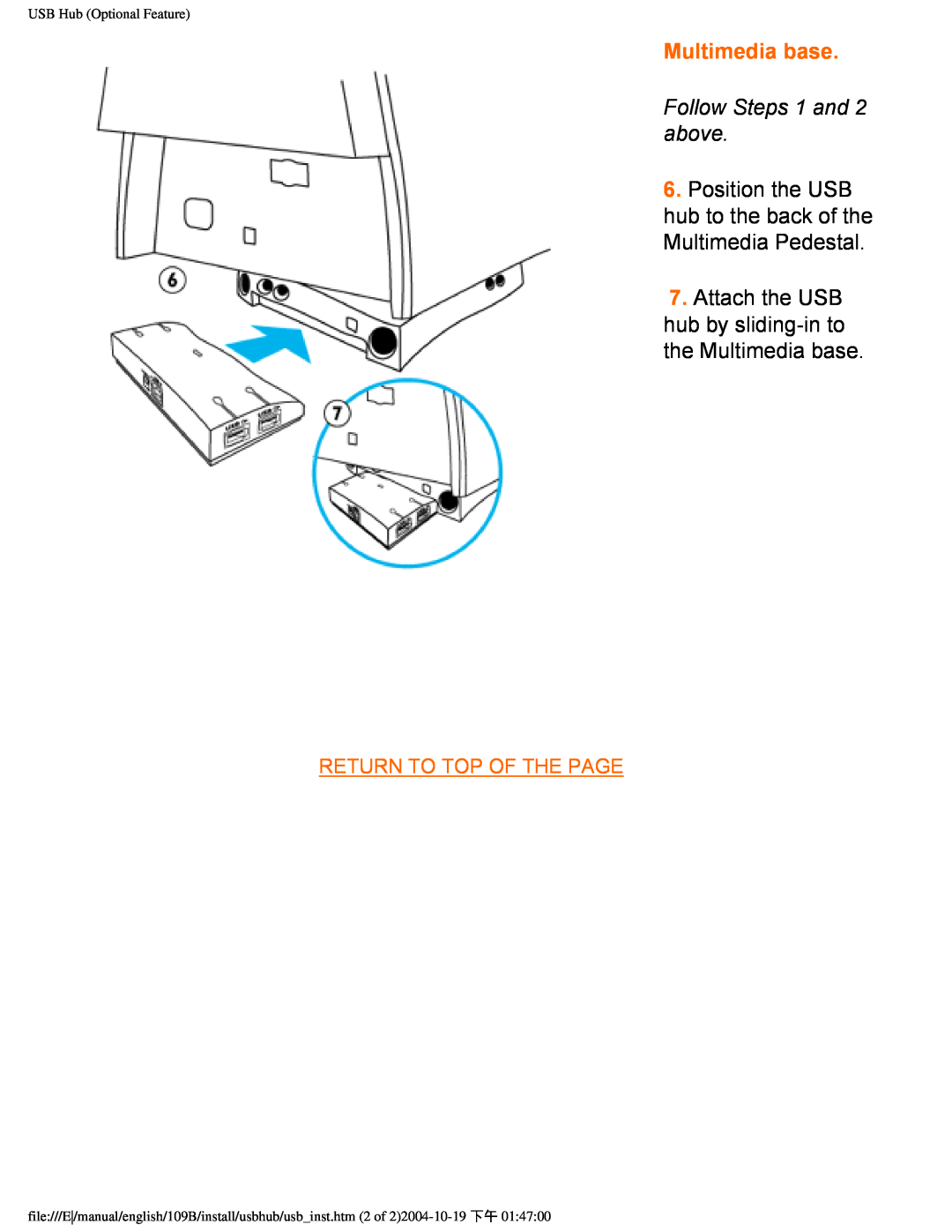Philips 109B Multimedia base, Follow Steps 1 and 2 above, Position the USB hub to the back of the Multimedia Pedestal 