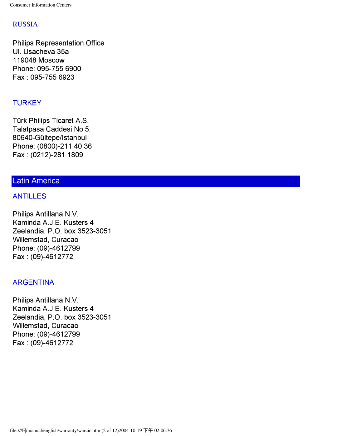 Philips 109B user manual Turkey, Antilles, Argentina 