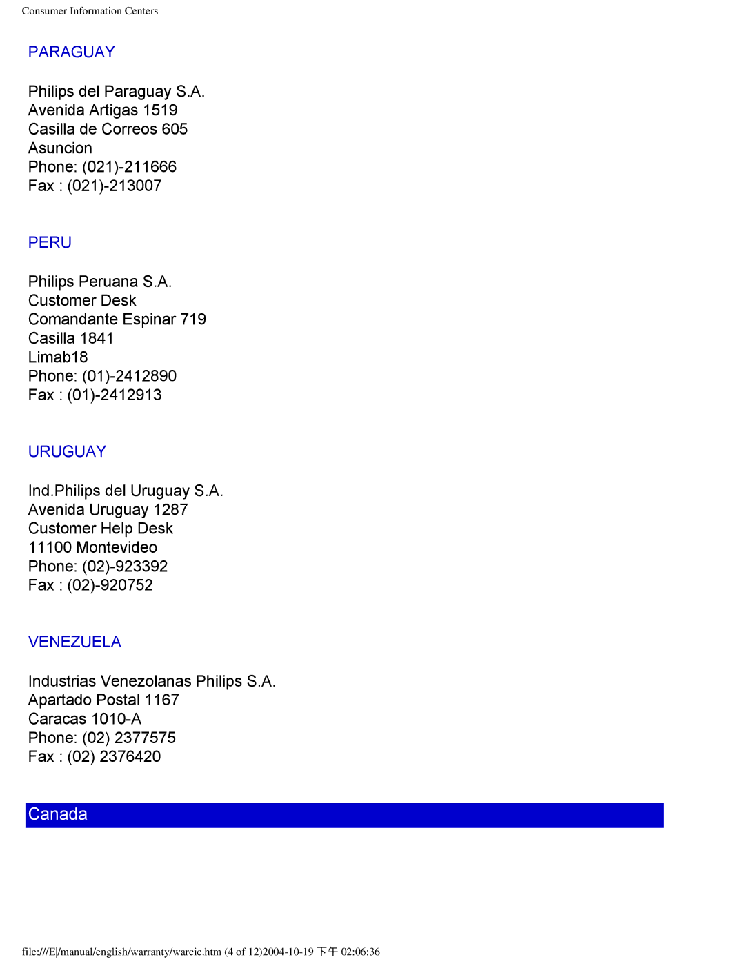 Philips 109B user manual Paraguay, Peru, Uruguay, Venezuela 