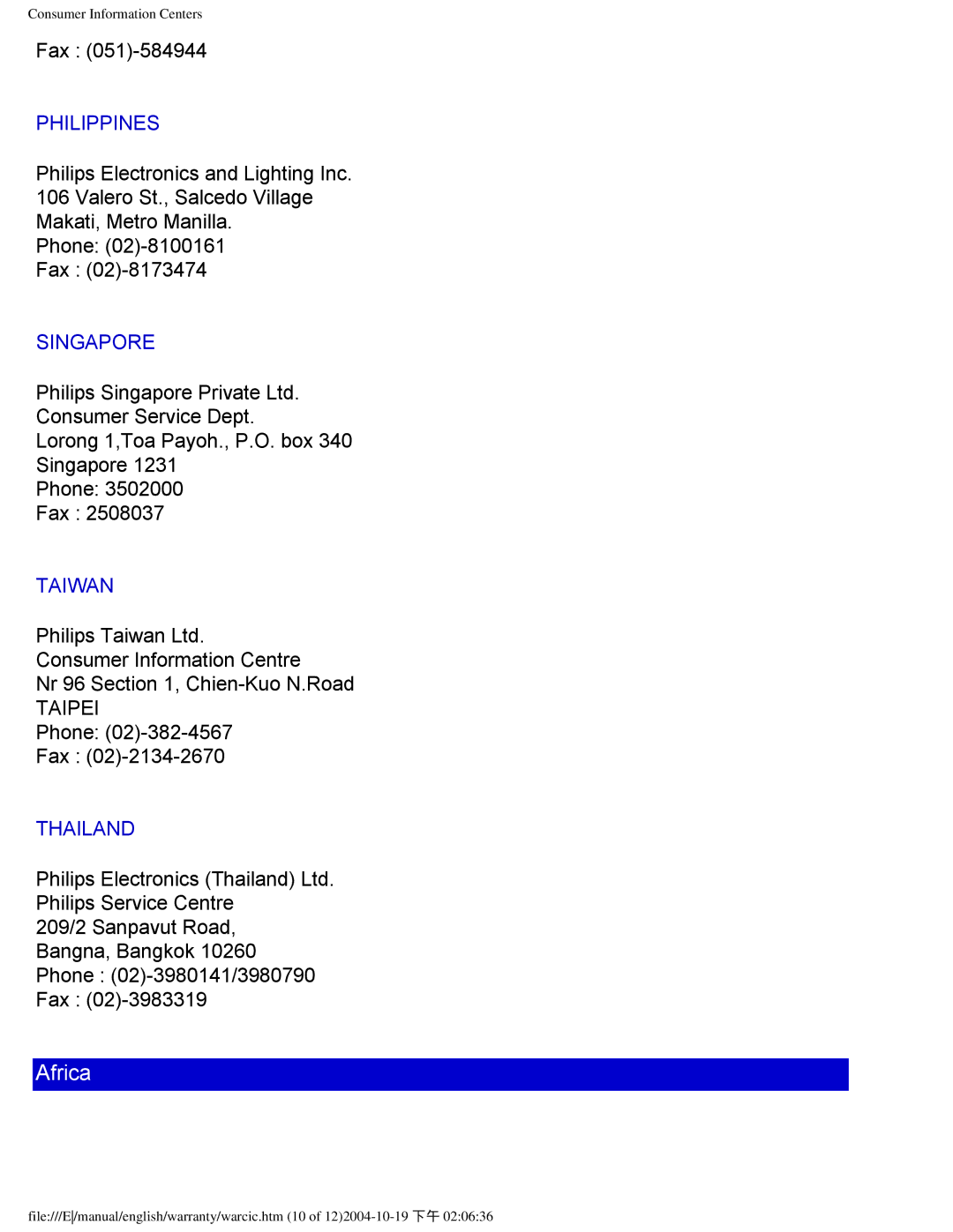 Philips 109B user manual Philippines, Singapore, Taiwan, Thailand 