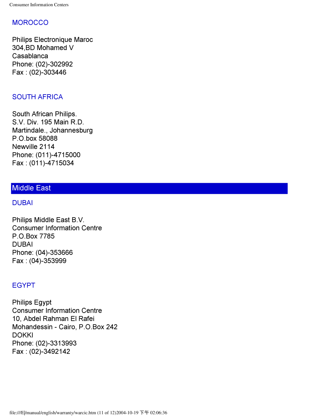 Philips 109B user manual Morocco, South Africa, Dubai, Egypt 