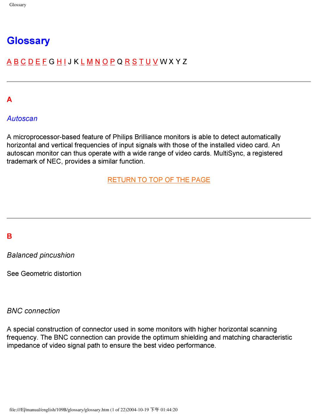 Philips 109B user manual Glossary, Balanced pincushion, BNC connection 