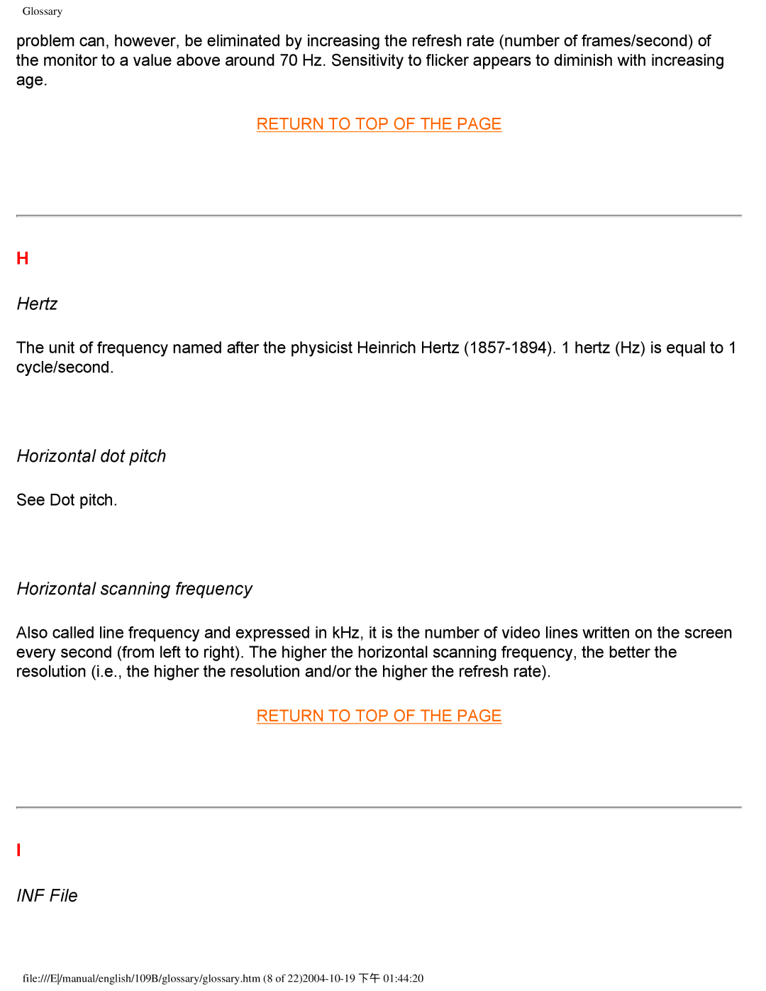 Philips 109B user manual Hertz, Horizontal dot pitch, Horizontal scanning frequency, INF File 