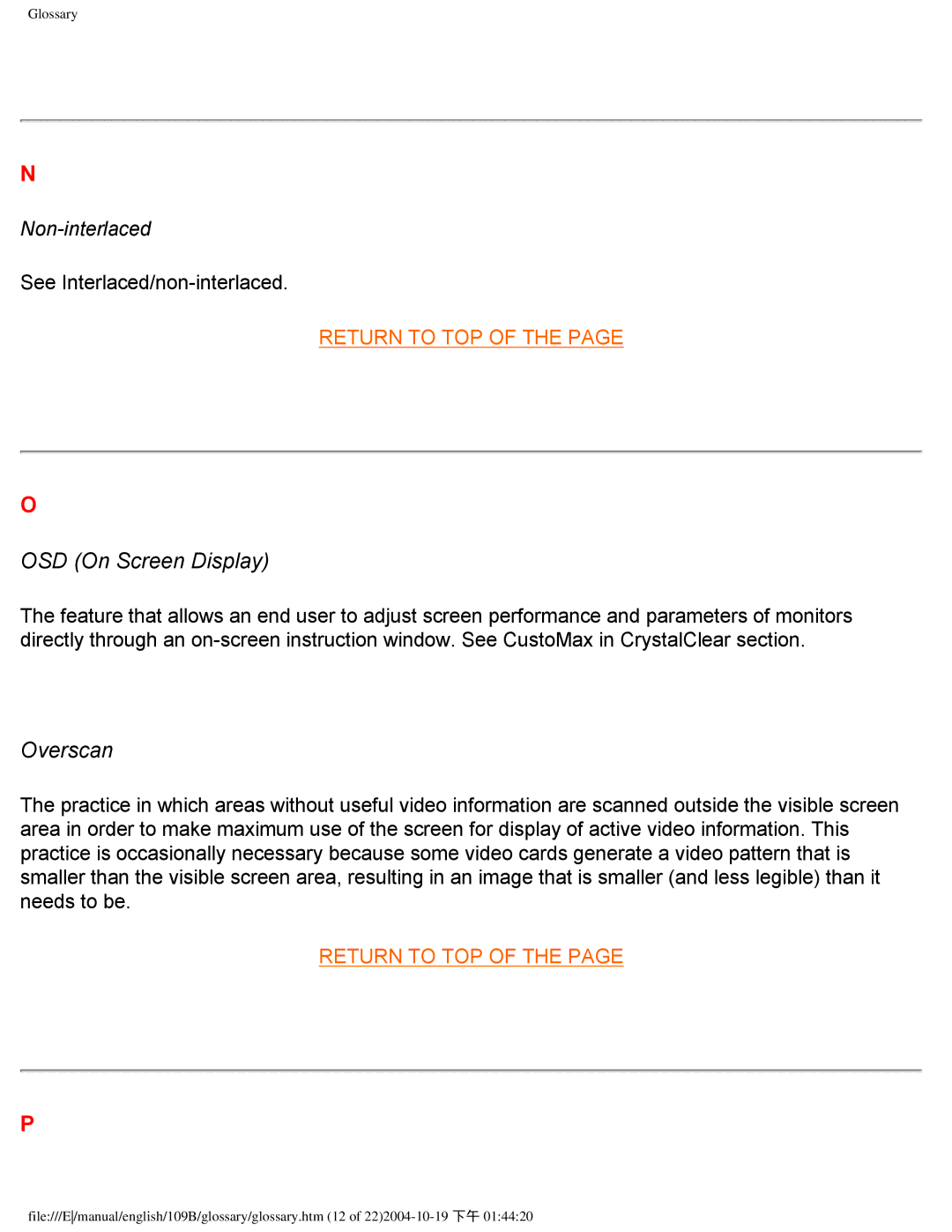 Philips 109B user manual OSD On Screen Display, Overscan 