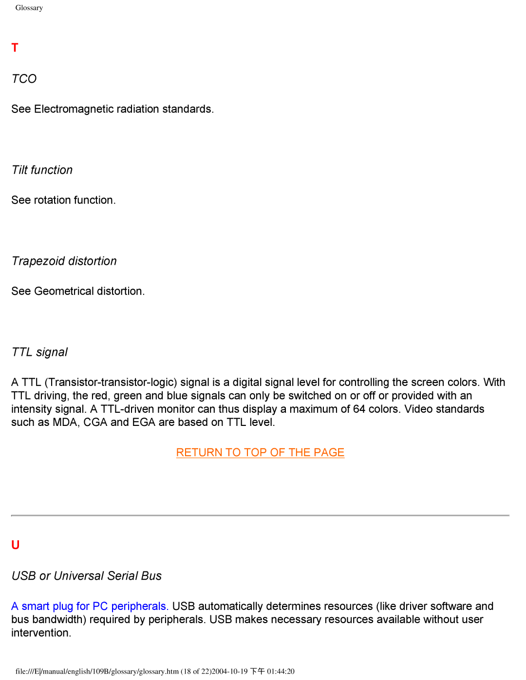 Philips 109B user manual Tilt function, Trapezoid distortion, TTL signal, USB or Universal Serial Bus 