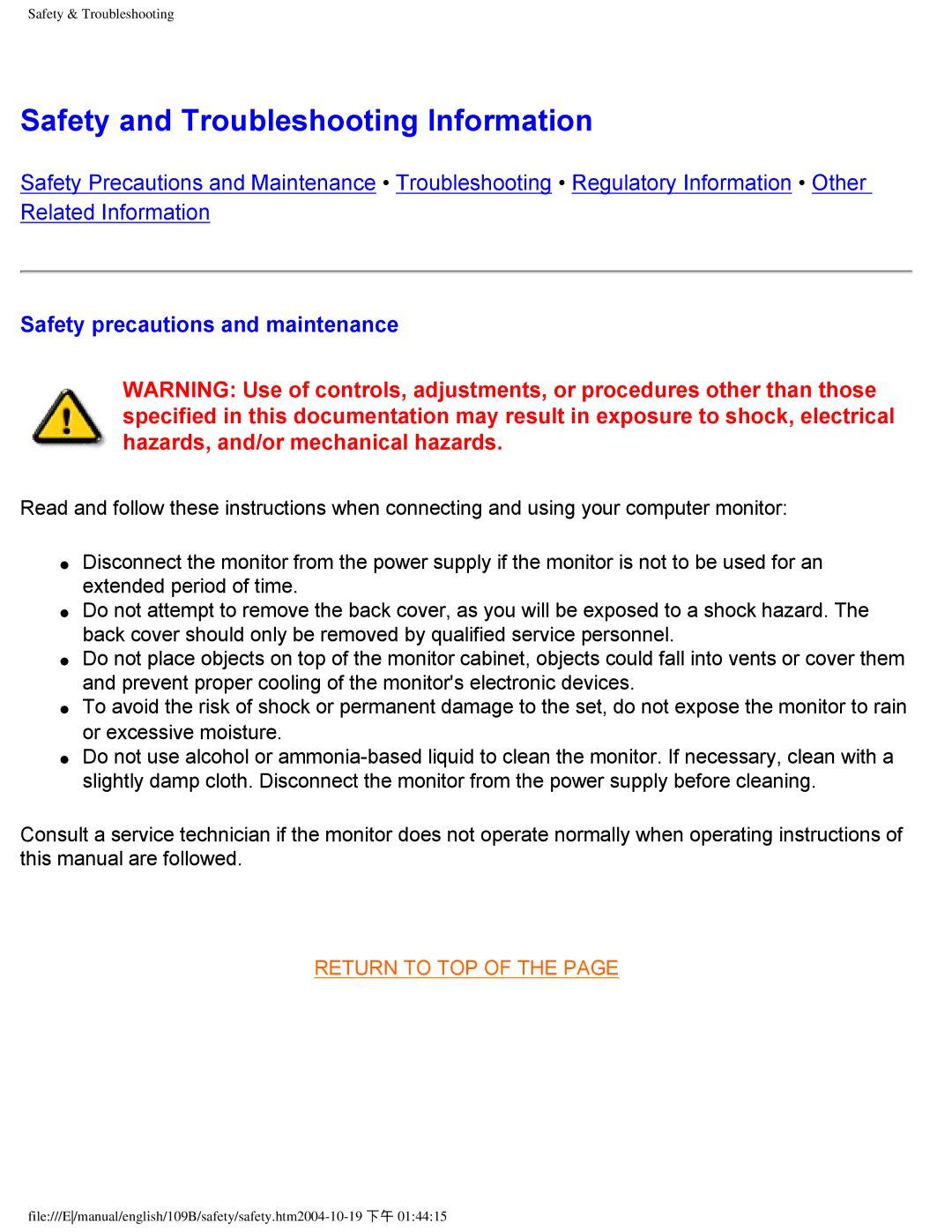 Philips 109B user manual Safety and Troubleshooting Information, Safety precautions and maintenance 