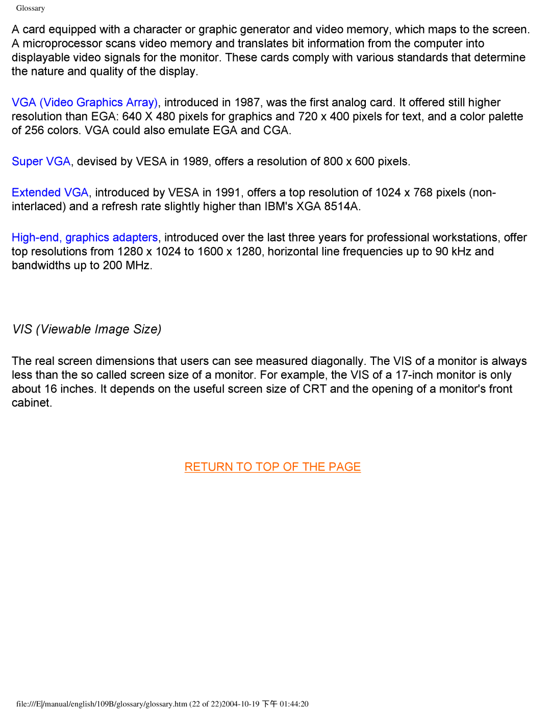 Philips 109B user manual VIS Viewable Image Size 