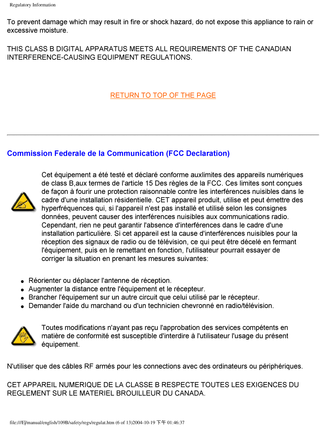 Philips 109B user manual Commission Federale de la Communication FCC Declaration 