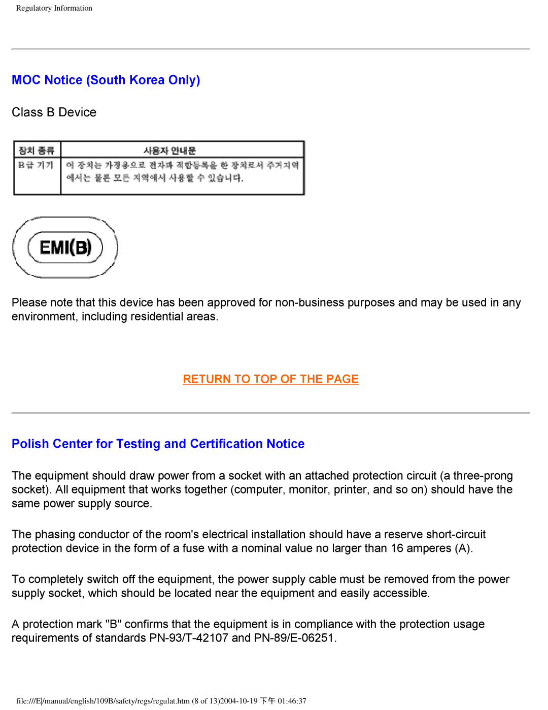 Philips 109B user manual MOC Notice South Korea Only, Polish Center for Testing and Certification Notice 