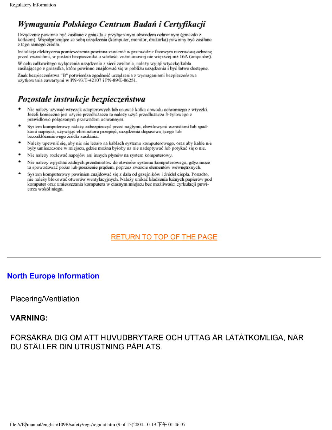 Philips 109B user manual North Europe Information, Varning 